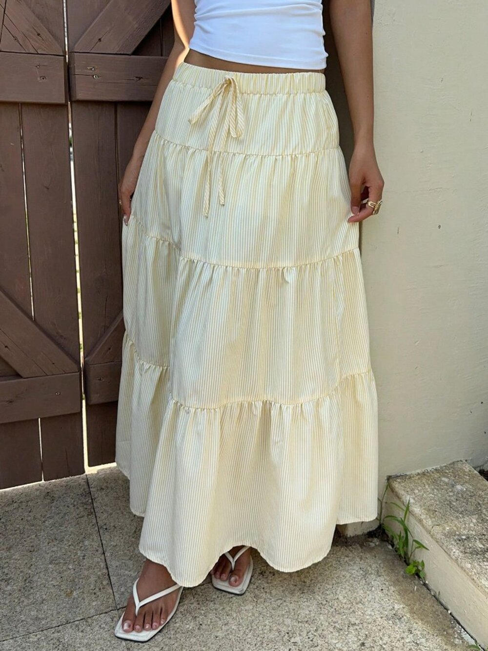 Yellow Casual Women's Butter Striped Long Skirt - Picture 3 of 5